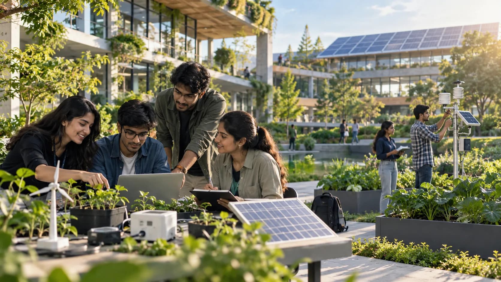Students testing solar and wind models on a planted rooftop research space