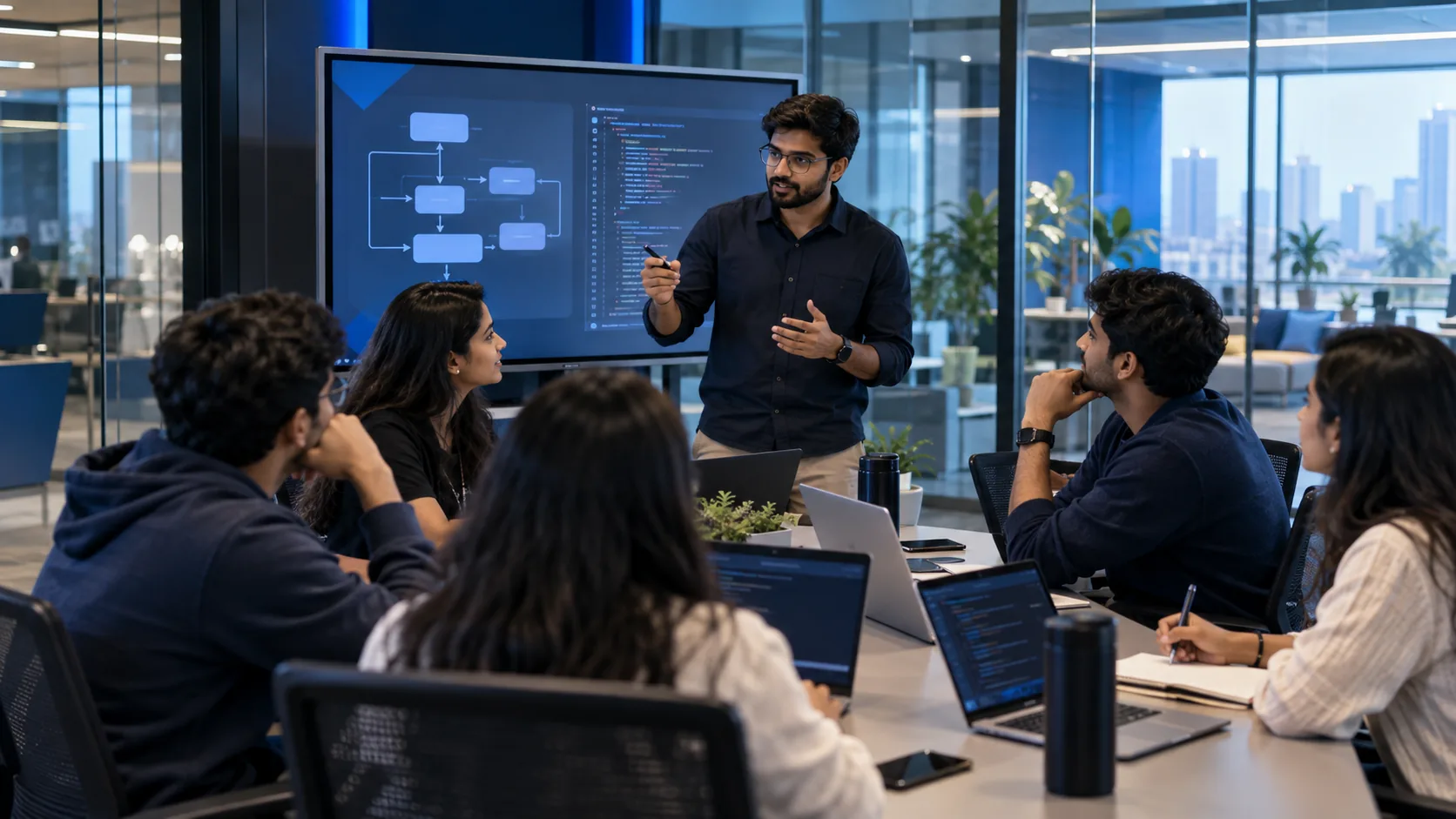 A working professional walking a small group of interns through a live session in a meeting room