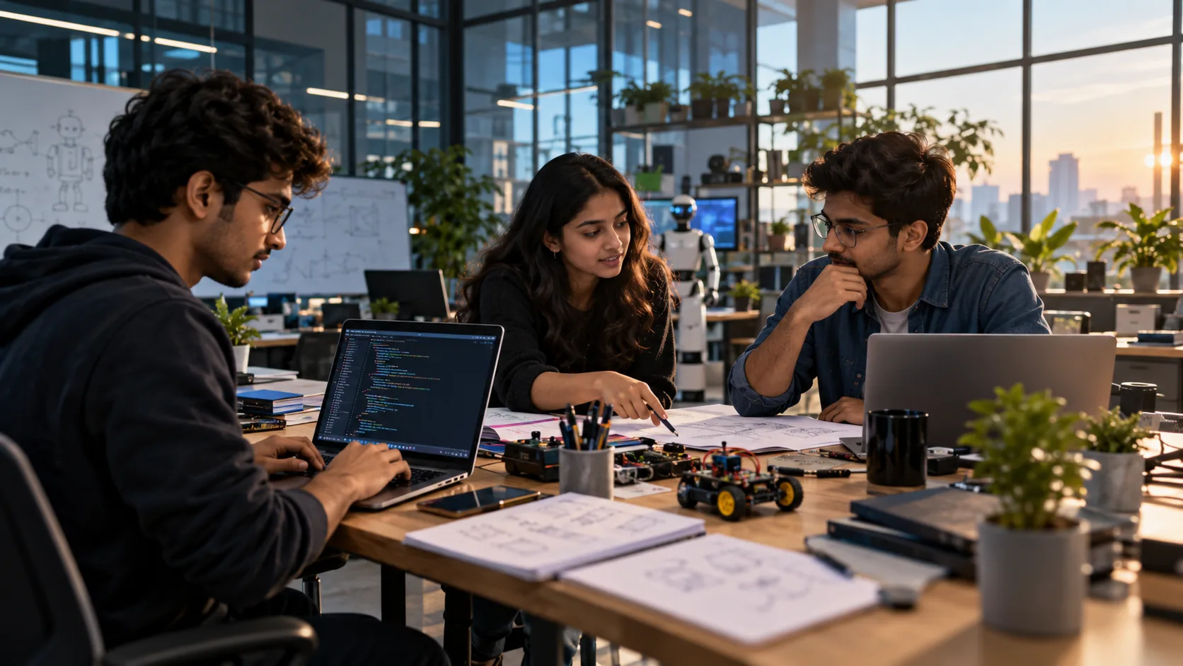 Three interns building a practical project together across laptops, notes and hardware on a shared desk