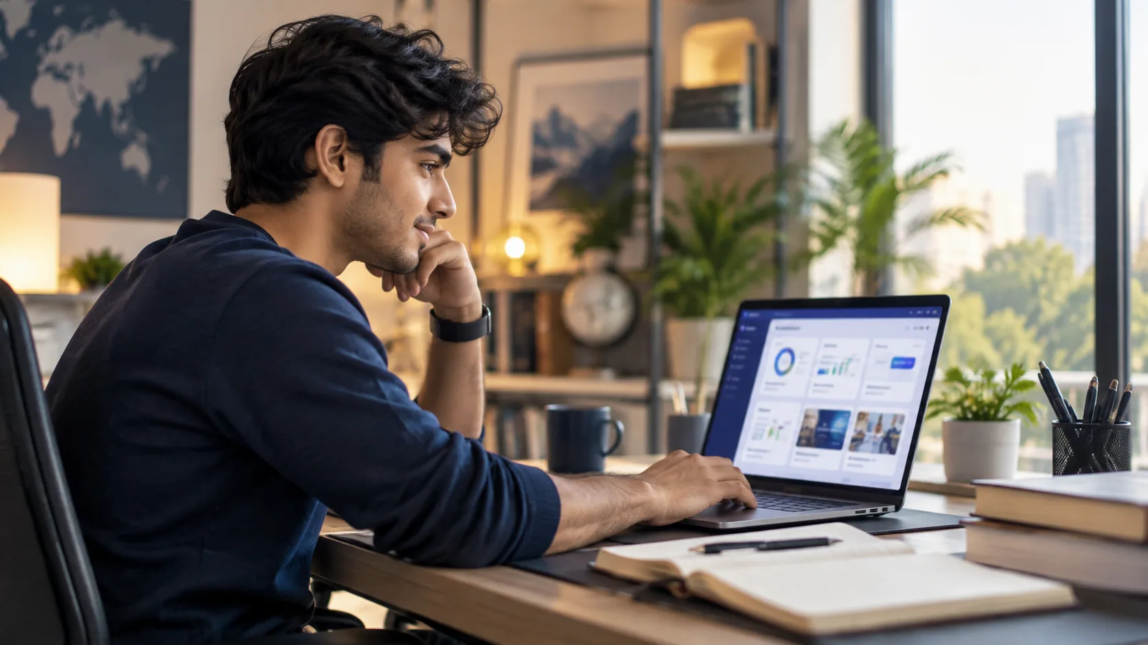 A student checking internship progress on a dashboard at a home desk