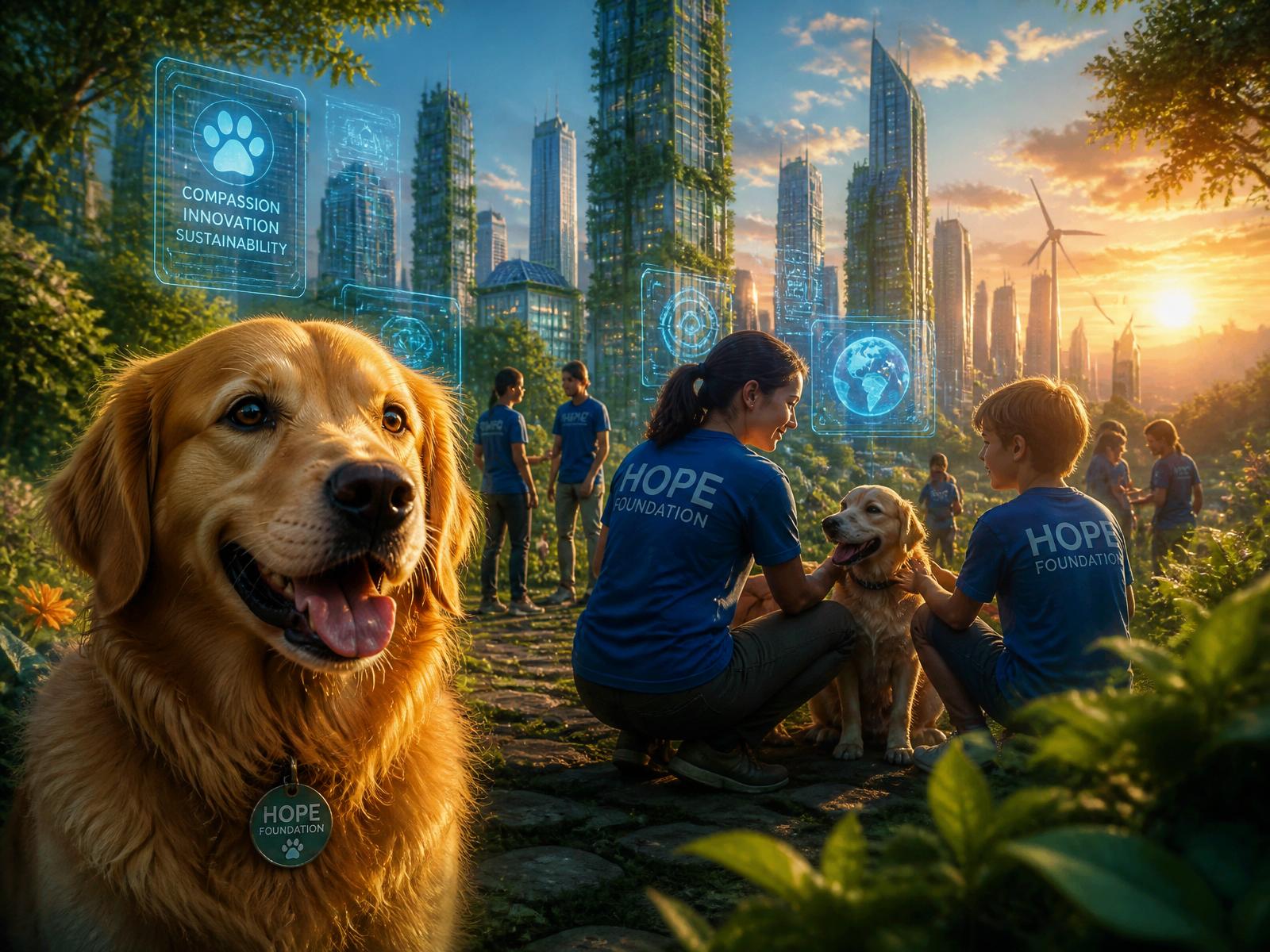 A rescued dog beside volunteers and a sustainable future city — the mission of Roystian Foundation