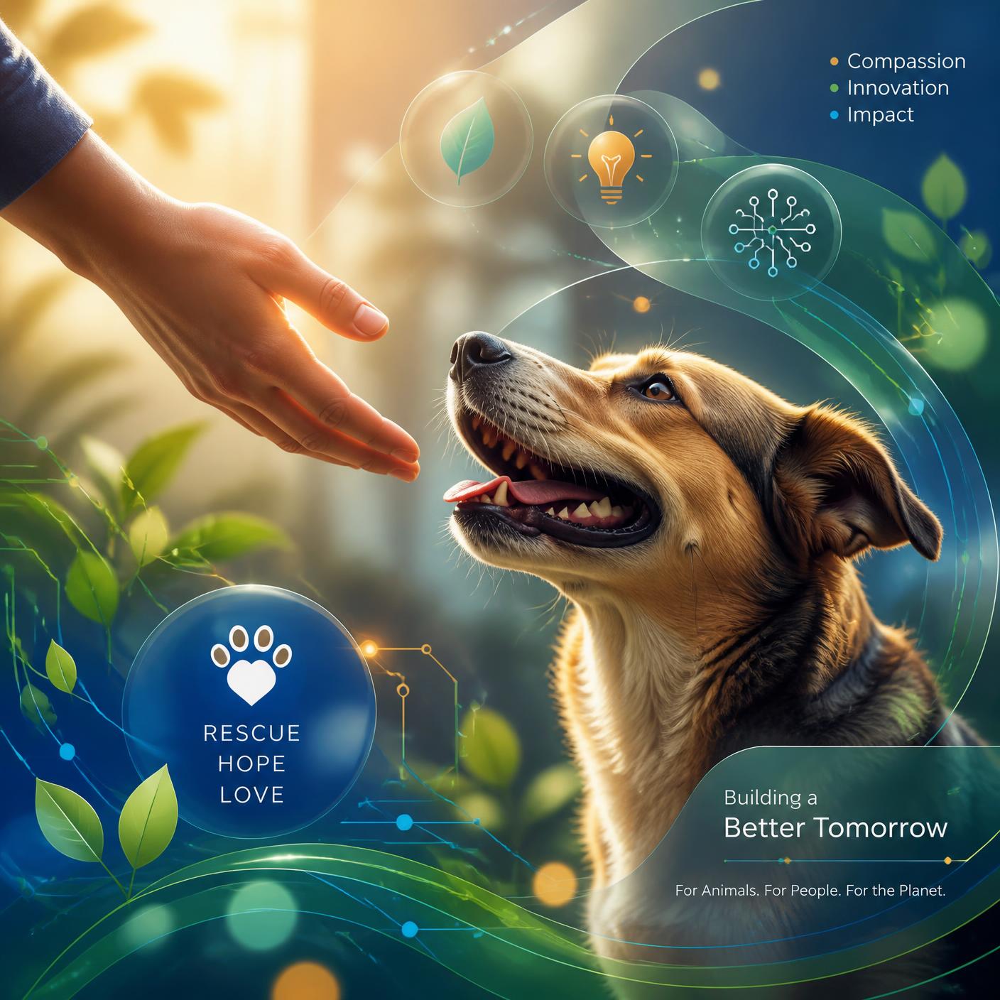 A hand reaching toward a rescued dog surrounded by symbols of innovation and sustainability