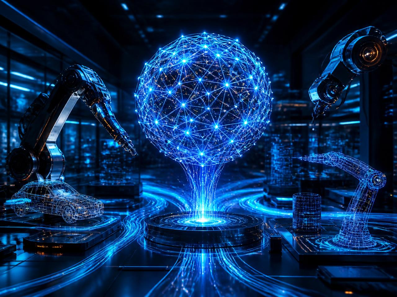 Glowing neural network sphere in a research lab with robotic arms and computer-vision wireframes