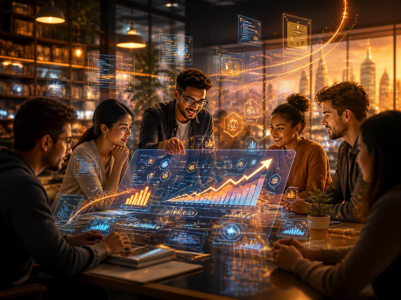 Students and engineers collaborating around a holographic career growth interface