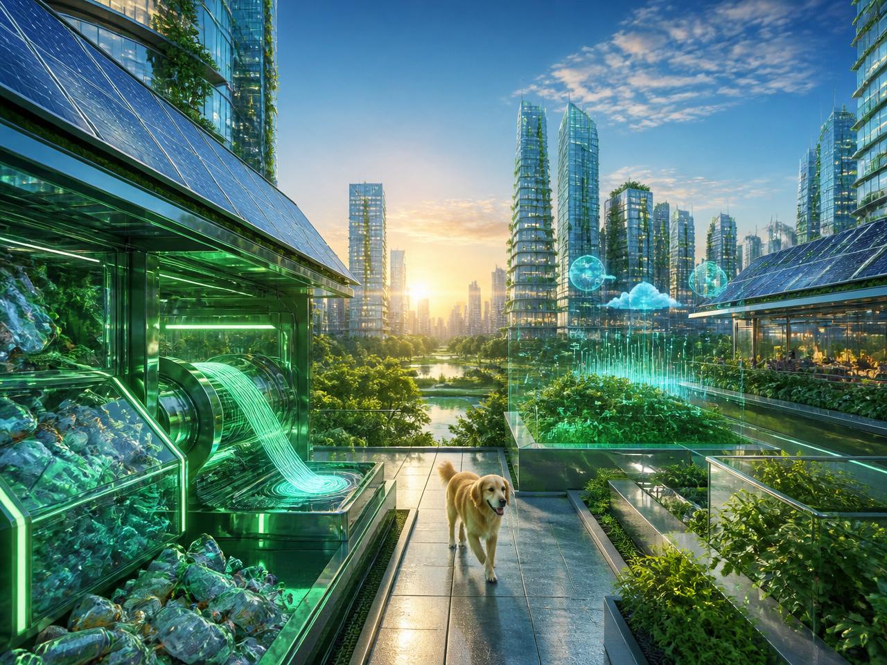 Futuristic sustainable smart city with solar rooftops, plastic recycling systems and holographic air-quality data