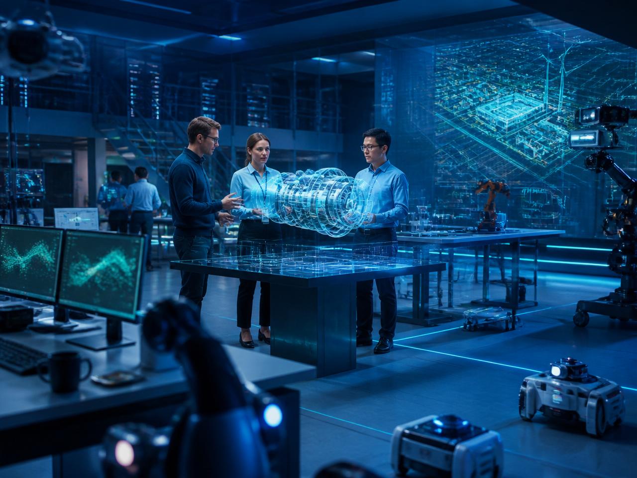 High-tech research laboratory with engineers analysing a holographic engine model and small robots
