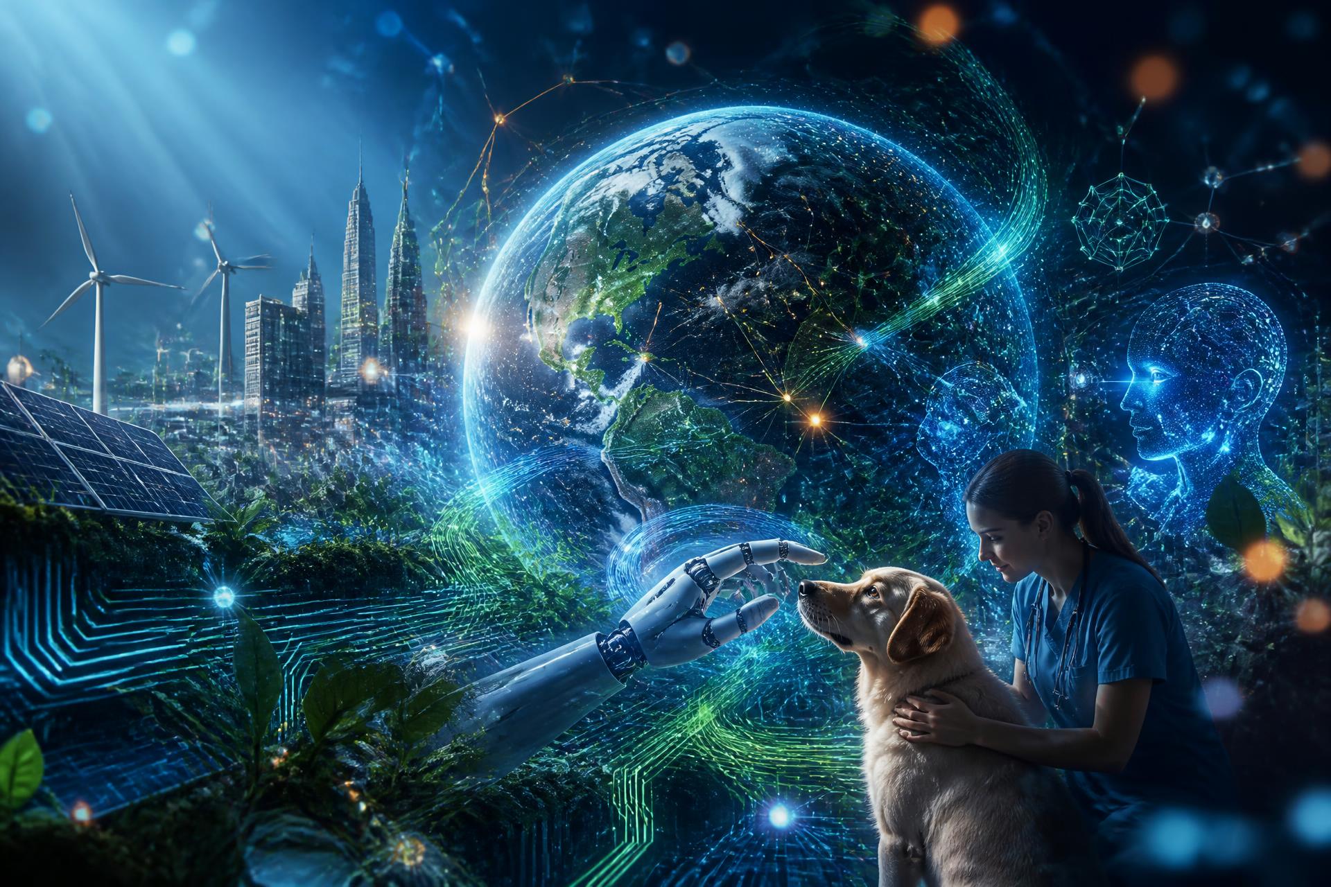 Cinematic artwork blending Earth, artificial intelligence, sustainable smart cities, and compassionate dog care — the vision of Roystian Foundation