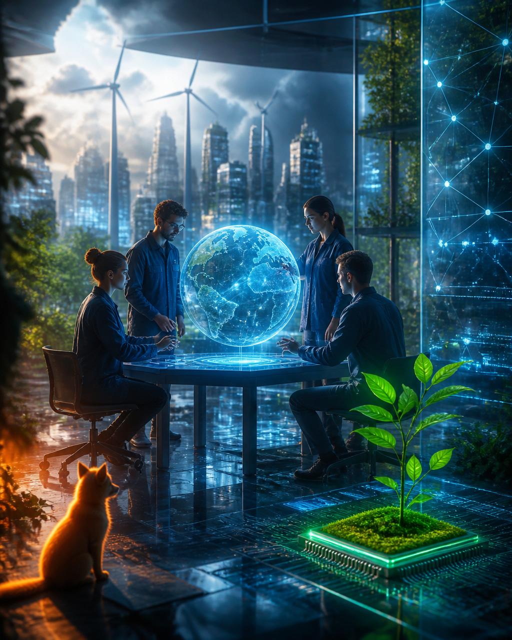 Cinematic depiction of engineers collaborating around a holographic Earth, smart city, emerald plant on a microchip, and a compassionate dog — Roystian Foundation's vision